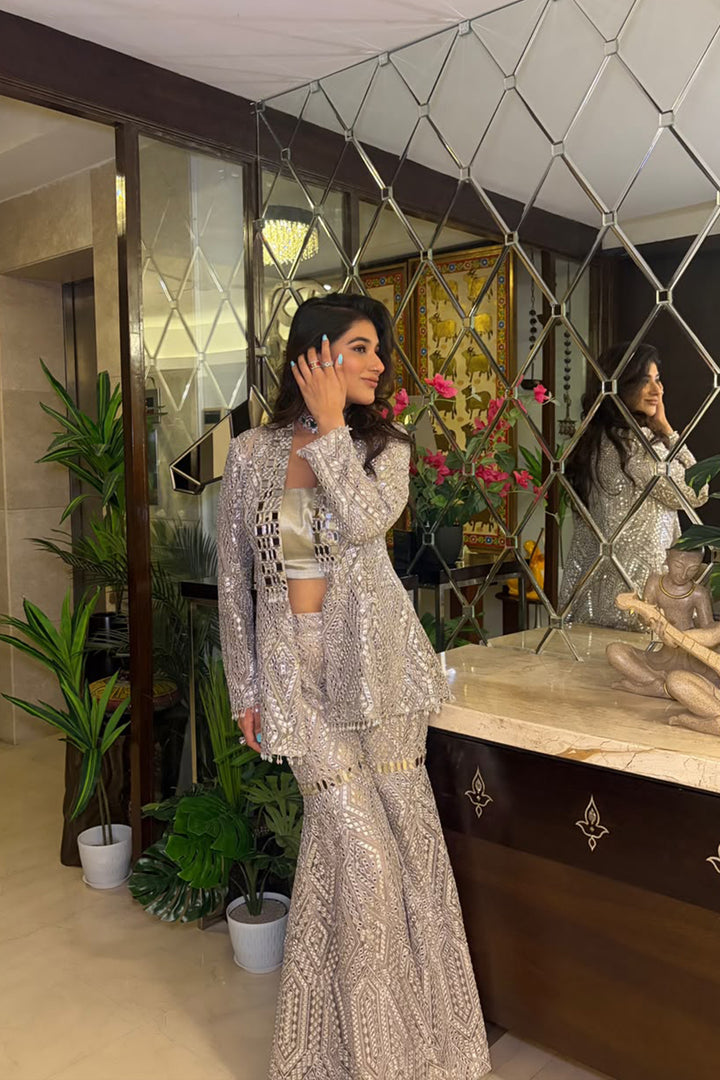 Suhani Chandok In Our Shawl Collar Jacket with Brocade Bandeau and Mirrorwork Shararas