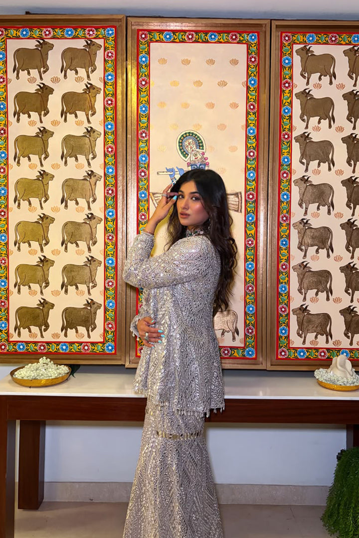 Suhani Chandok In Our Shawl Collar Jacket with Brocade Bandeau and Mirrorwork Shararas