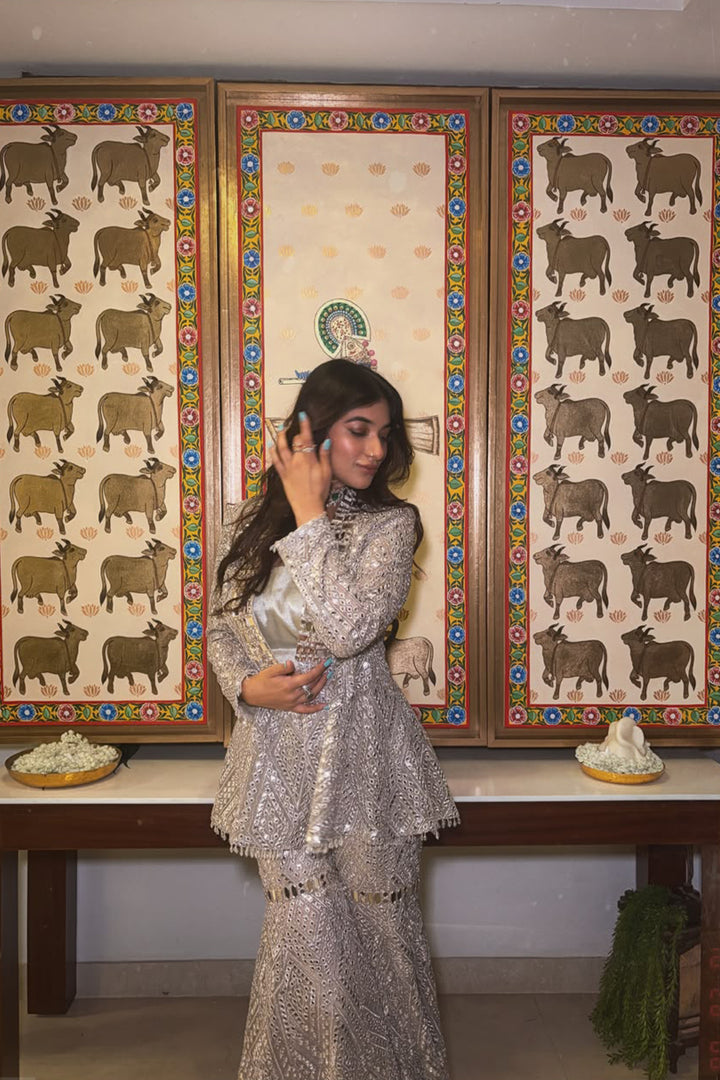Suhani Chandok In Our Shawl Collar Jacket with Brocade Bandeau and Mirrorwork Shararas