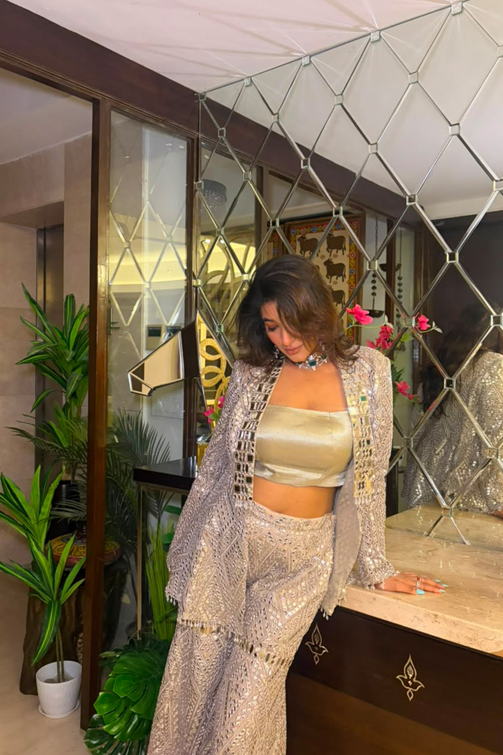 Suhani Chandok In Our Shawl Collar Jacket with Brocade Bandeau and Mirrorwork Shararas