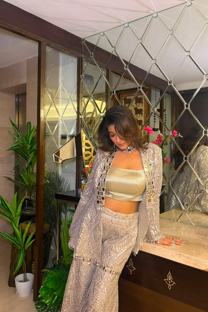 Suhani Chandok In Our Shawl Collar Jacket with Brocade Bandeau and Mirrorwork Shararas