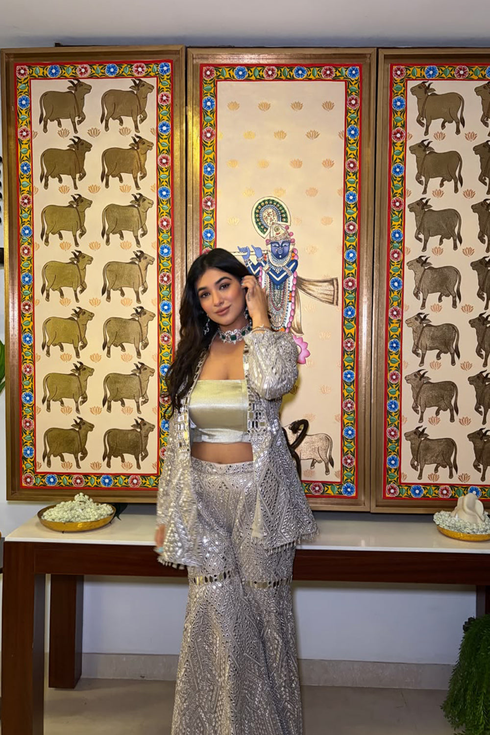 Suhani Chandok In Our Shawl Collar Jacket with Brocade Bandeau and Mirrorwork Shararas