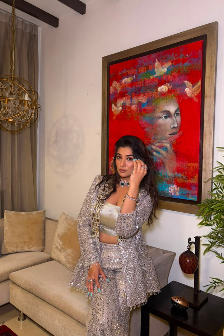 Suhani Chandok In Our Shawl Collar Jacket with Brocade Bandeau and Mirrorwork Shararas