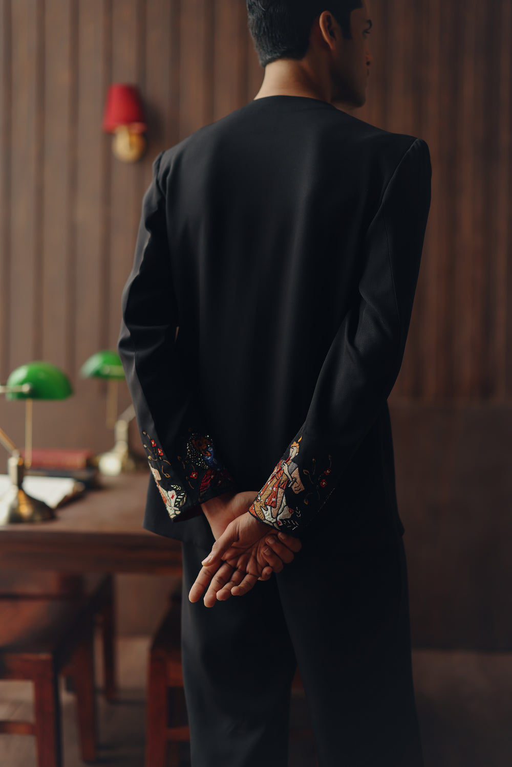 Art Deco Hi Neck Short Jacket with Dhoti Pants