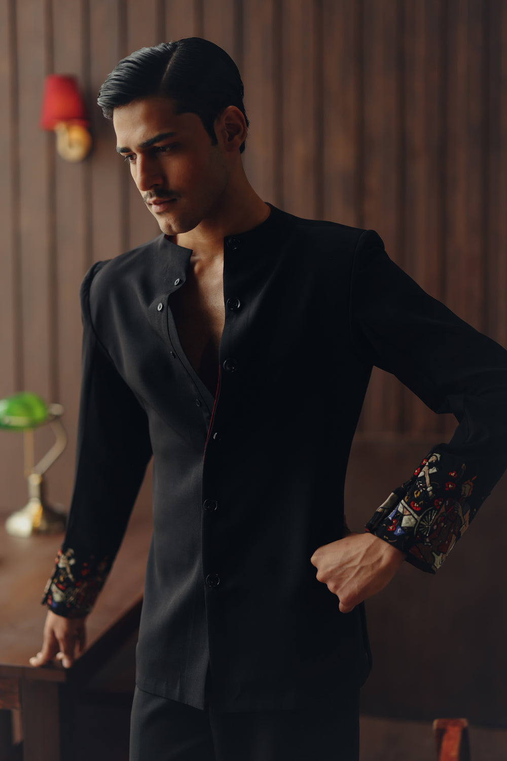 Art Deco Hi Neck Short Jacket with Dhoti Pants