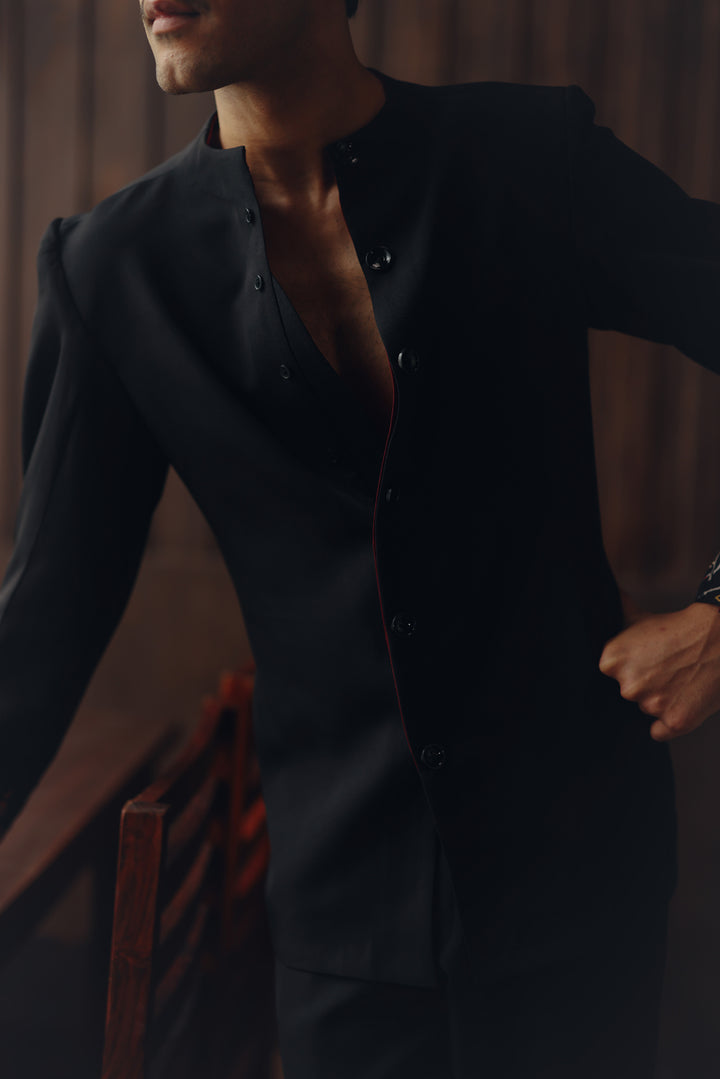 Art Deco Hi Neck Short Jacket with Dhoti Pants