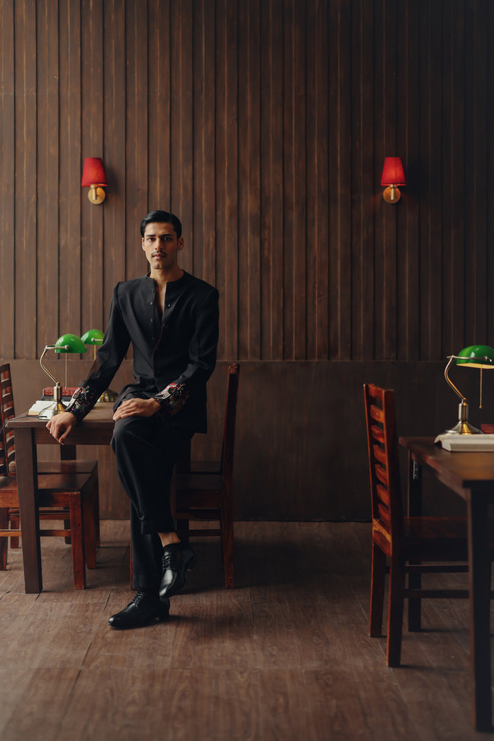 Art Deco Hi Neck Short Jacket with Dhoti Pants