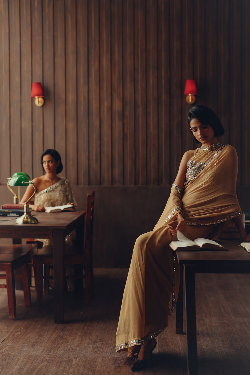 Georgette embellished saree with mirrorwork blouse