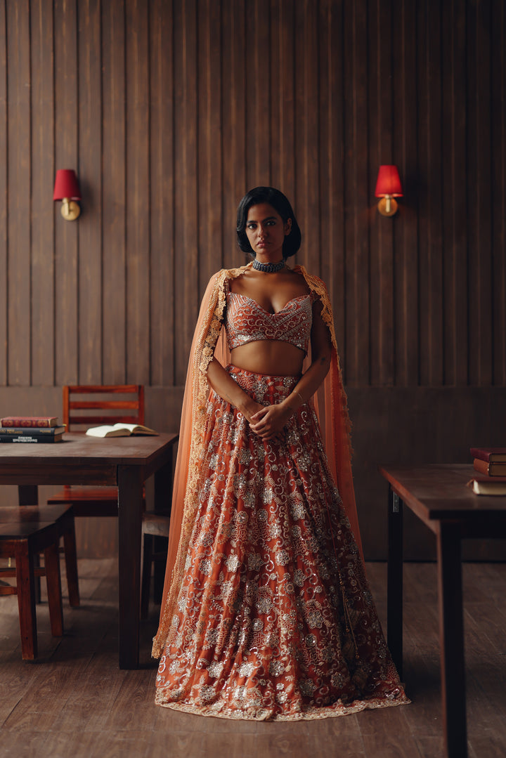 Rust Beaded Blossom Lehenga Set