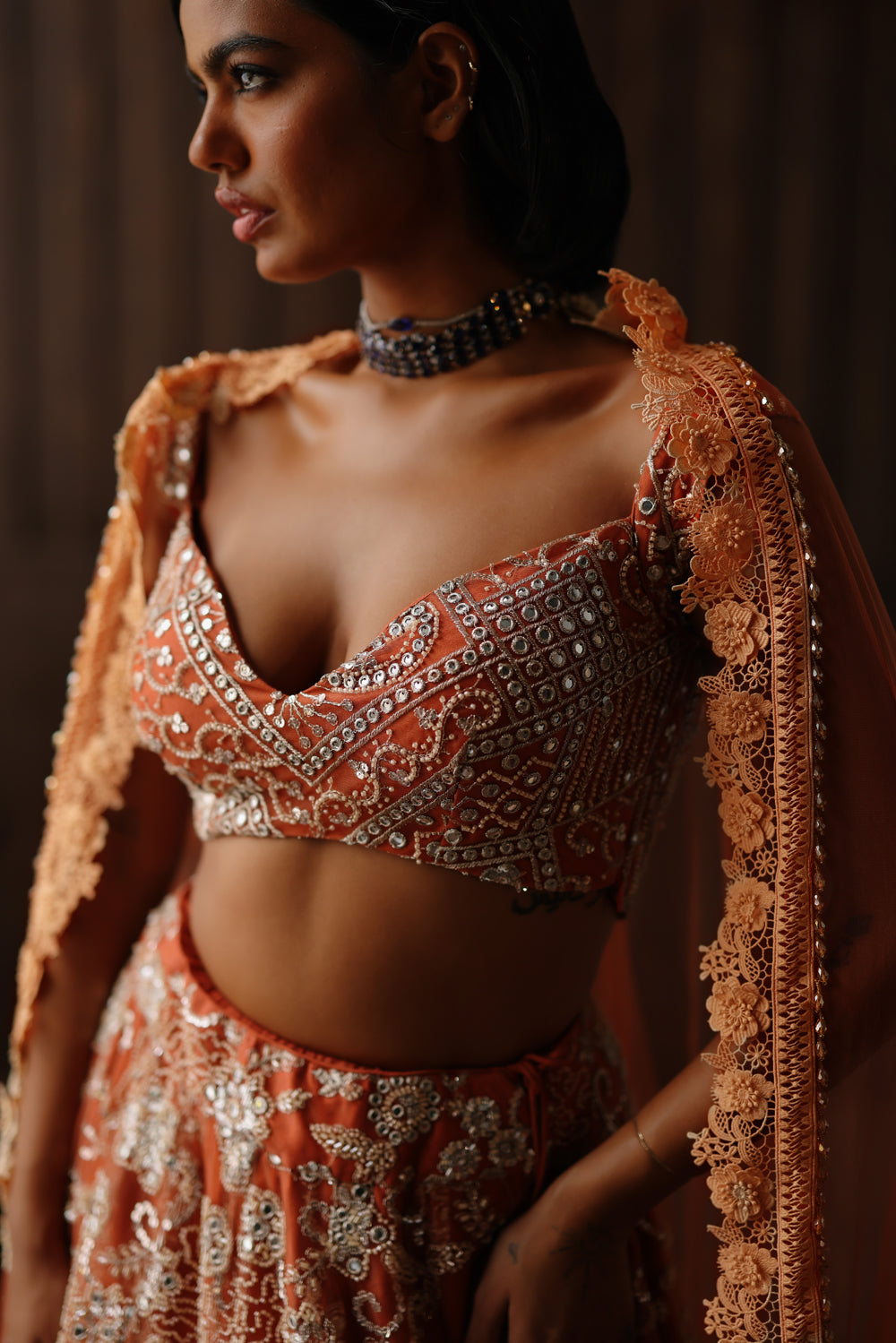 Rust Beaded Blossom Lehenga Set