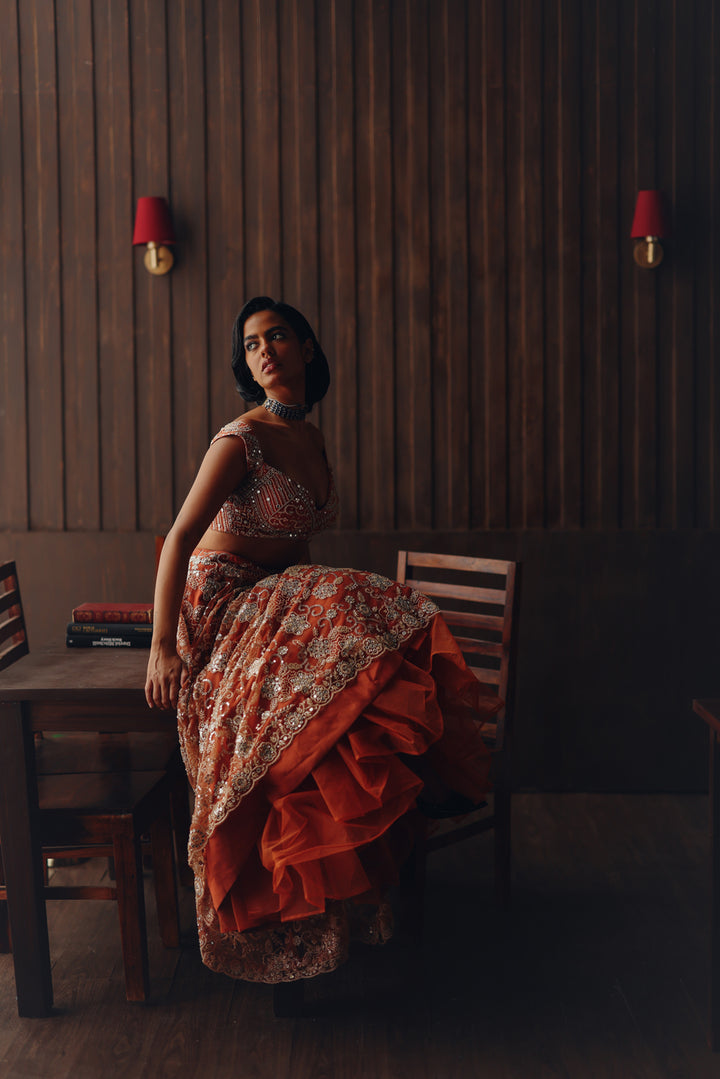 Rust Beaded Blossom Lehenga Set