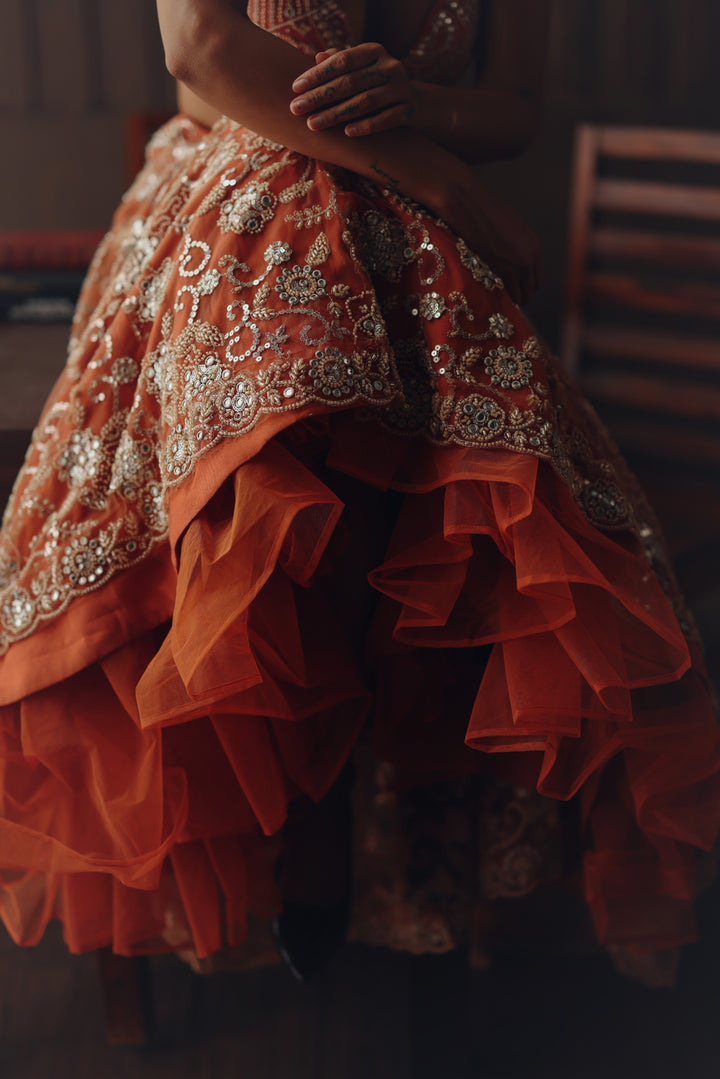 Rust Beaded Blossom Lehenga Set