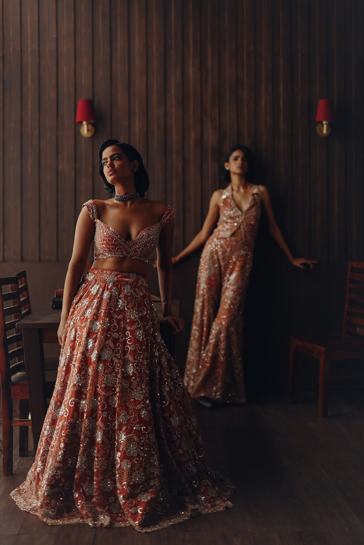 Rust Beaded Blossom Lehenga Set