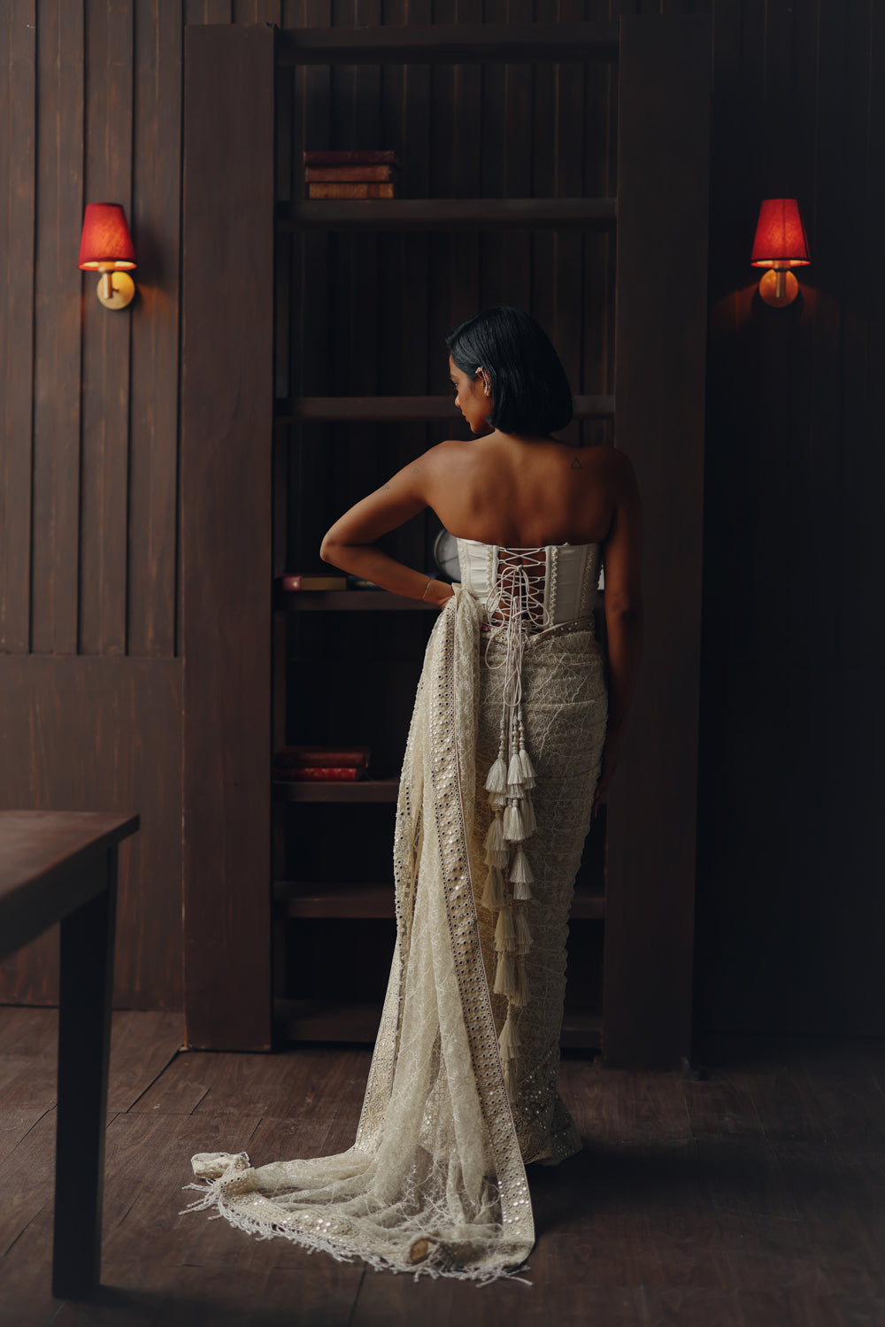 beadwork jaal saree with corset