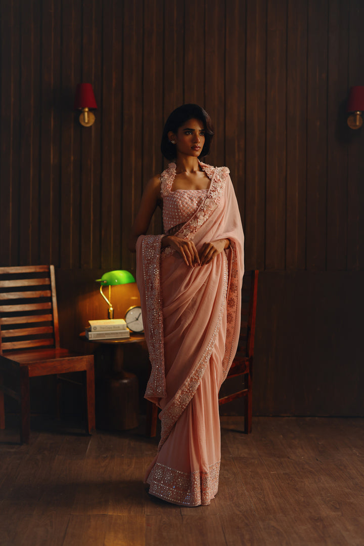 Georgette 3d flowers  embellished saree With Floral Halter Neck blouse