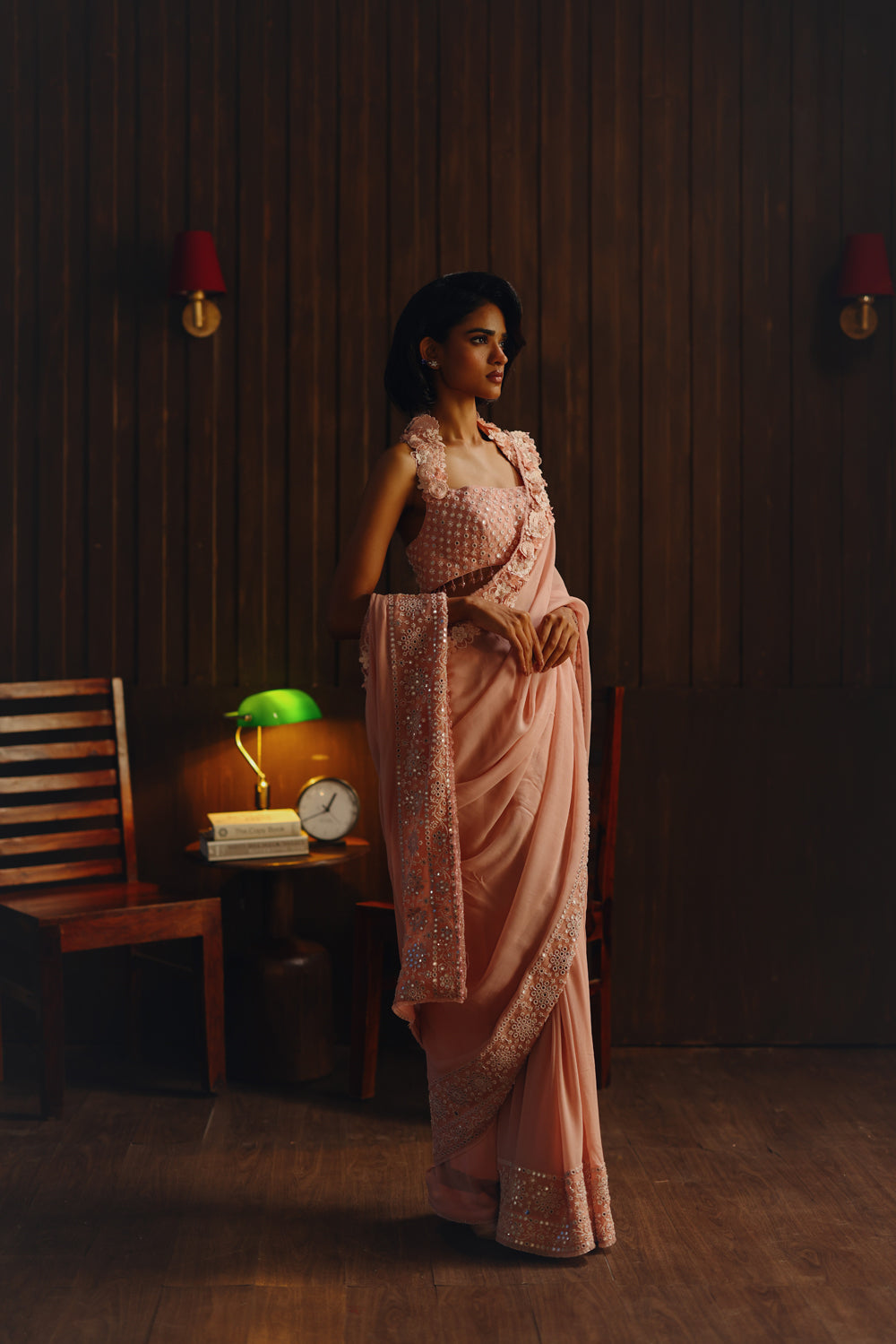 Georgette 3d flowers  embellished saree With Floral Halter Neck blouse