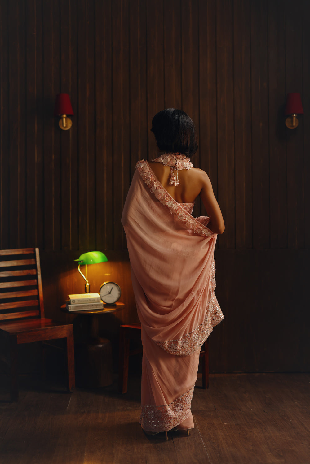 Georgette 3d flowers  embellished saree With Floral Halter Neck blouse