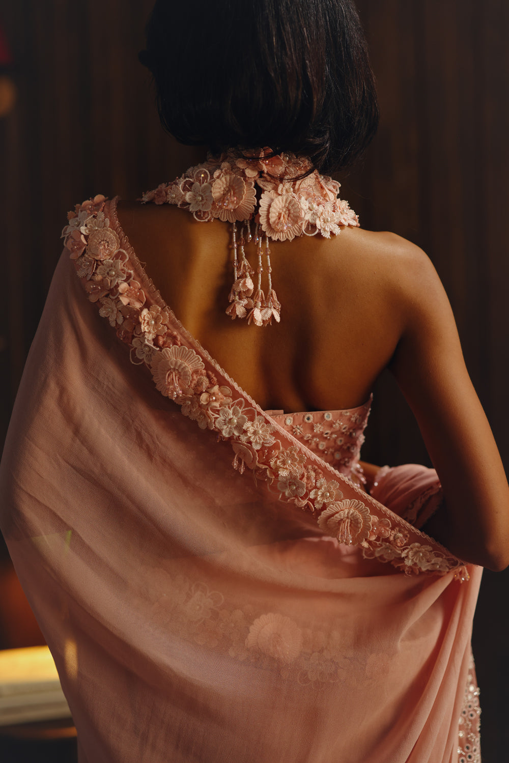 Georgette 3d flowers  embellished saree With Floral Halter Neck blouse