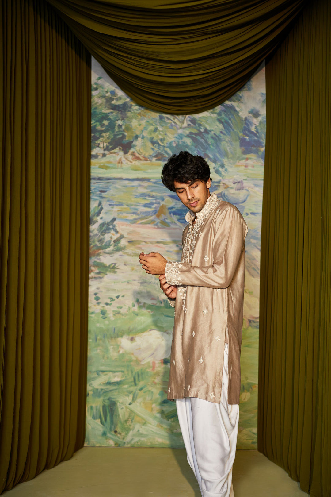 Taupe Mirror and Dori Work Mens Kurta Set