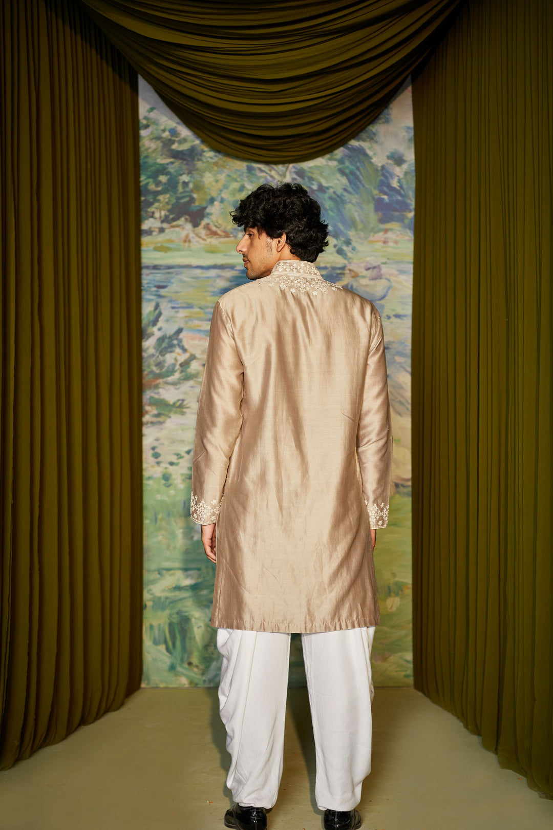 Taupe Mirror and Dori Work Mens Kurta Set