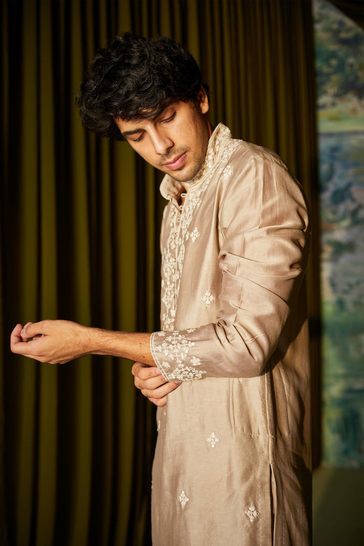 Taupe Mirror and Dori Work Mens Kurta Set