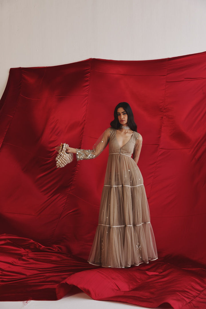 Layered Anarkali Jacket with Palazzos With Mirrorwork