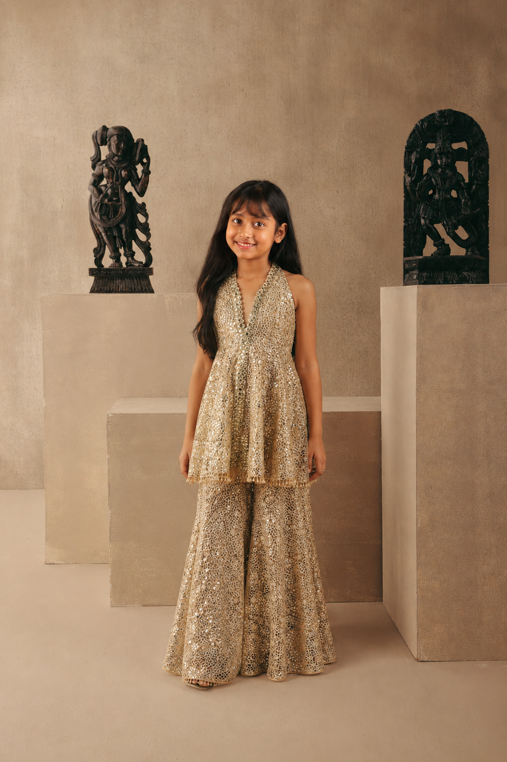 Mirrorwork Backless Peplum Top with Shararas
