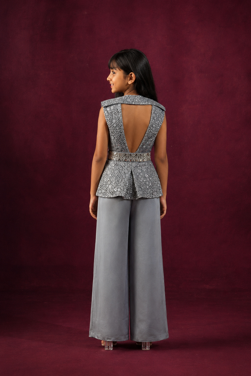 Lace Mirrorwork Backless Jacket with Embellished Wrap Around Pants
