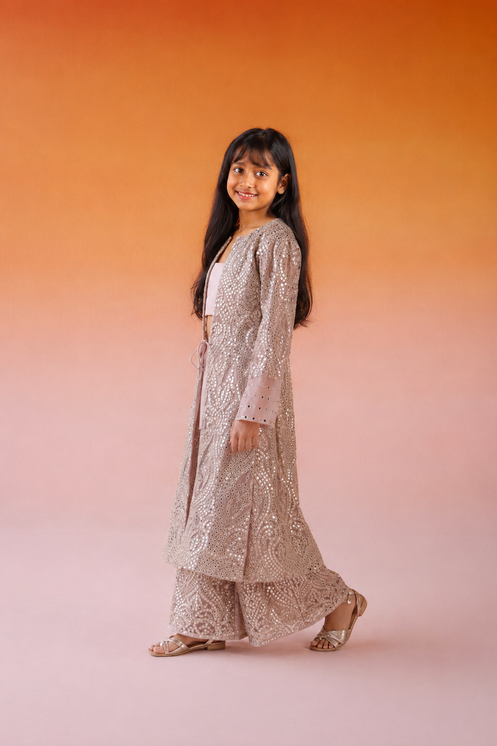 Long V Neck Tassel Jacket with Bandeau and Georgette Plazzos