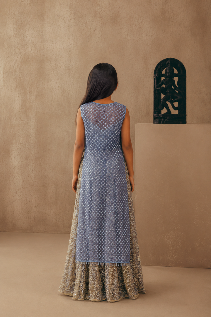 Slip On Jacket With Mirrorwork Blouse And Sharara Lehenga