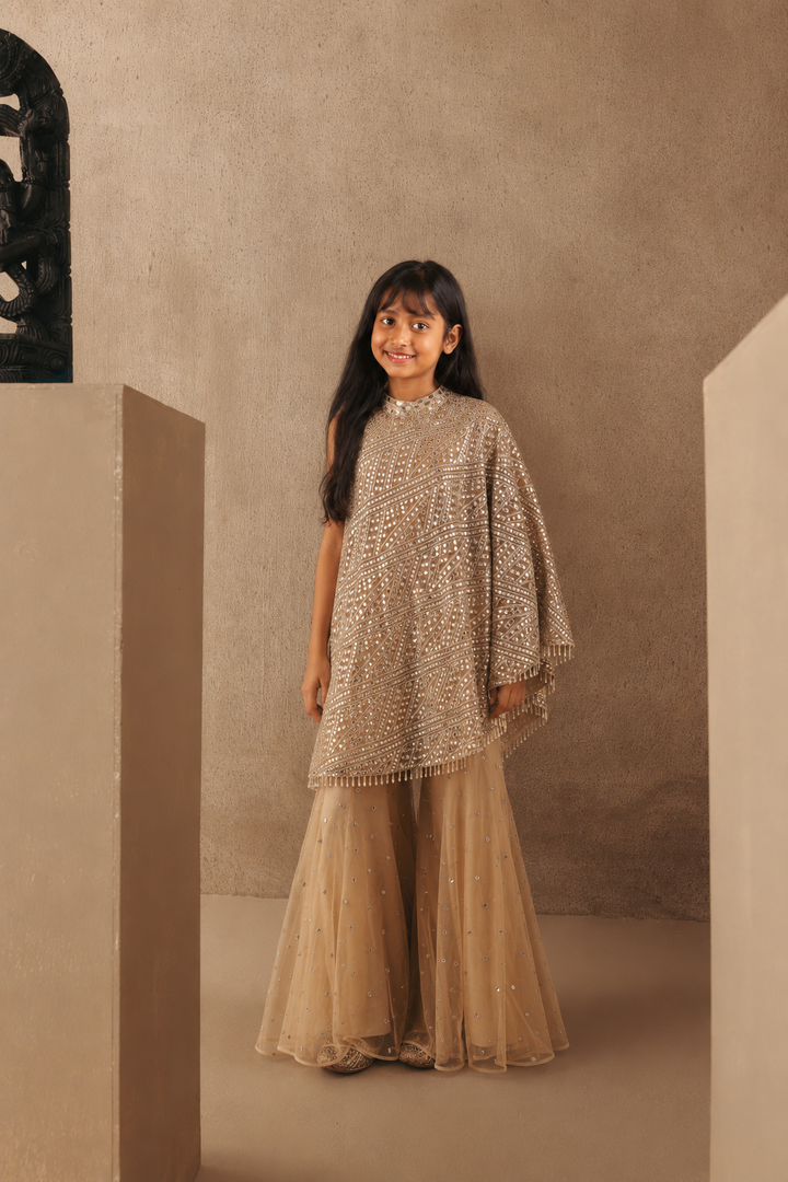 Mirrorwork Band Collar One Shoulder Dress Top with Bootcut Pants