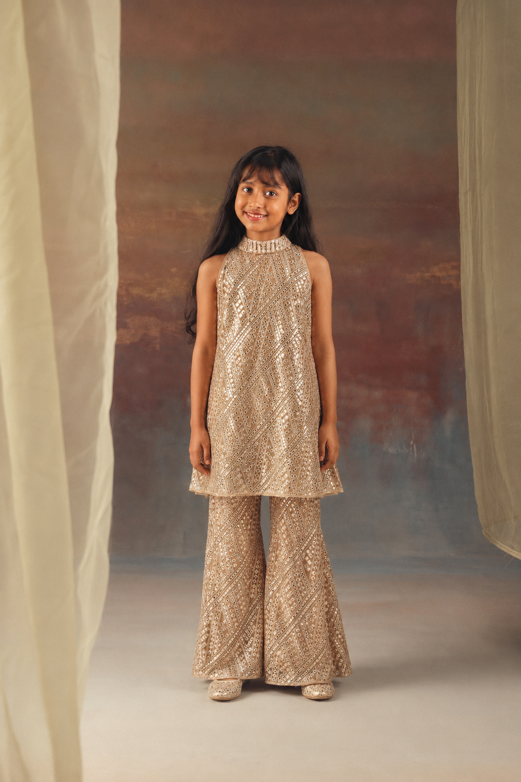 Hi- Neck Dress Top with Bellbottom