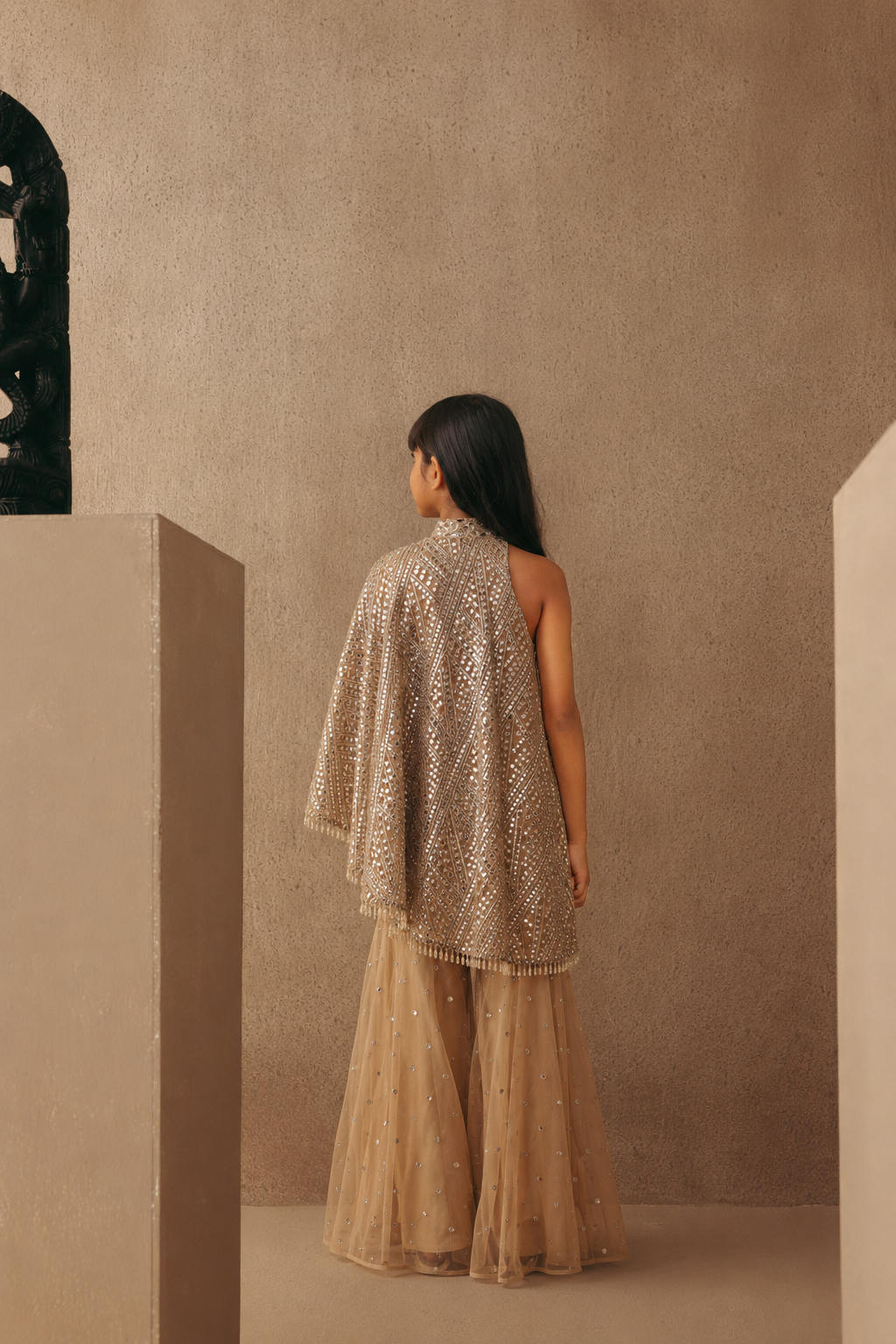 Mirrorwork Band Collar One Shoulder Dress Top with Bootcut Pants