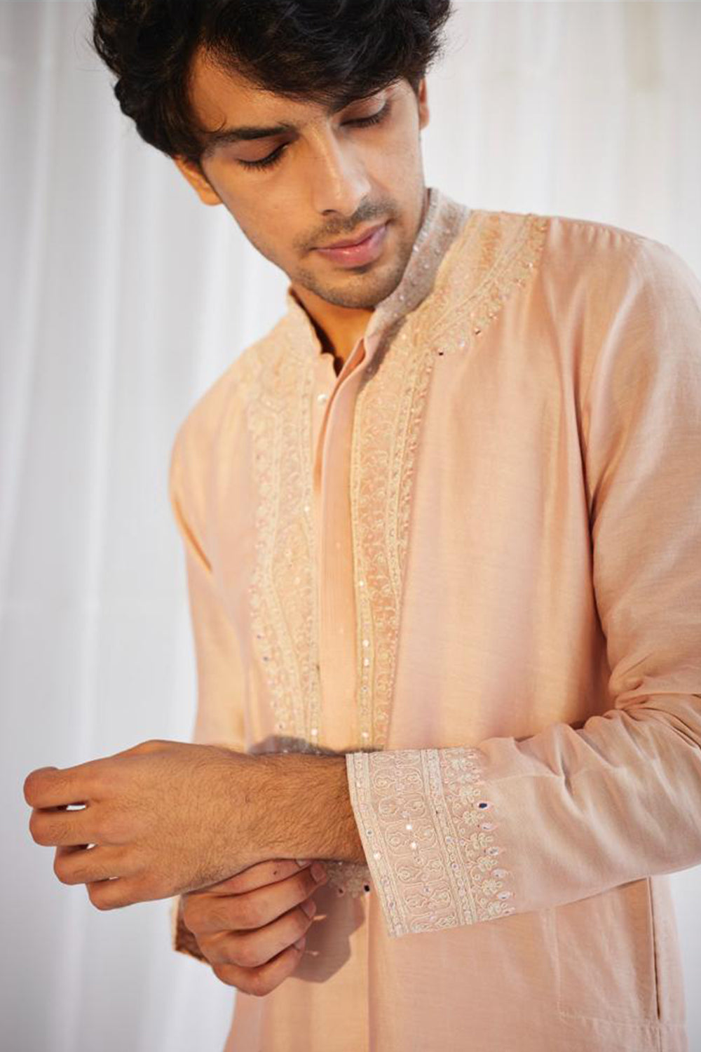 Dori Work Mens Kurta peach With Salwar