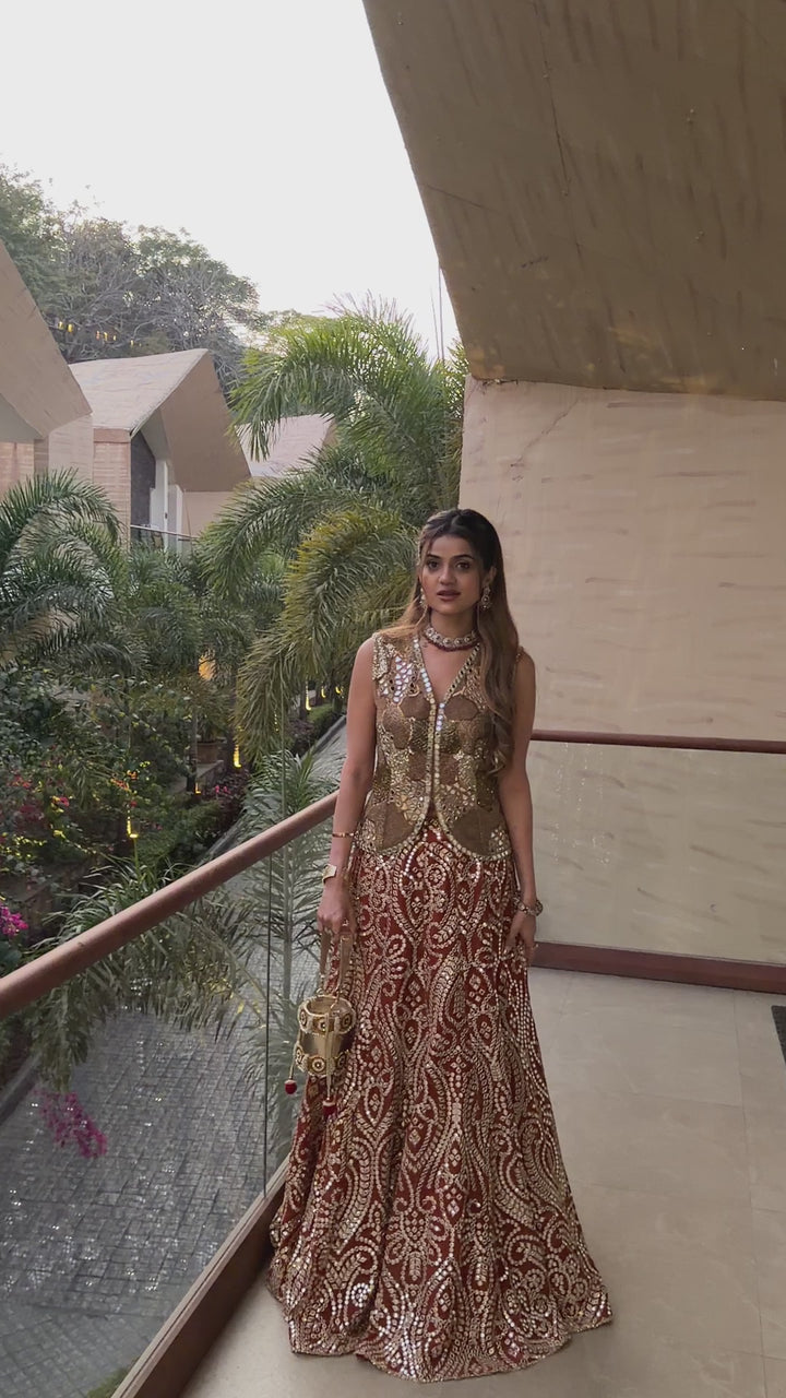 Aahana Shah in our Mirrorwork Fish Cut Lehenga with Gilet and Dupatta