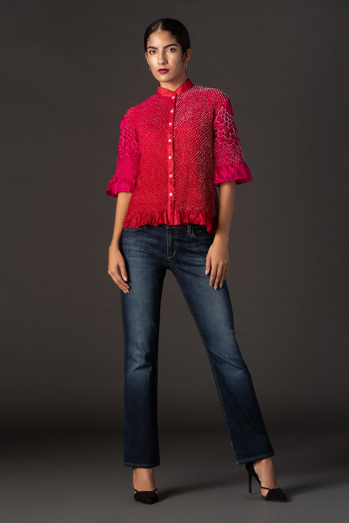 Red Ombre Crushed Bandhani Shirt with Collars
