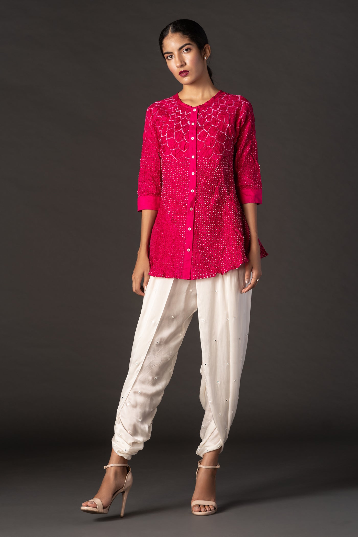 Pink Crushed Bandhani Kediya Shirt