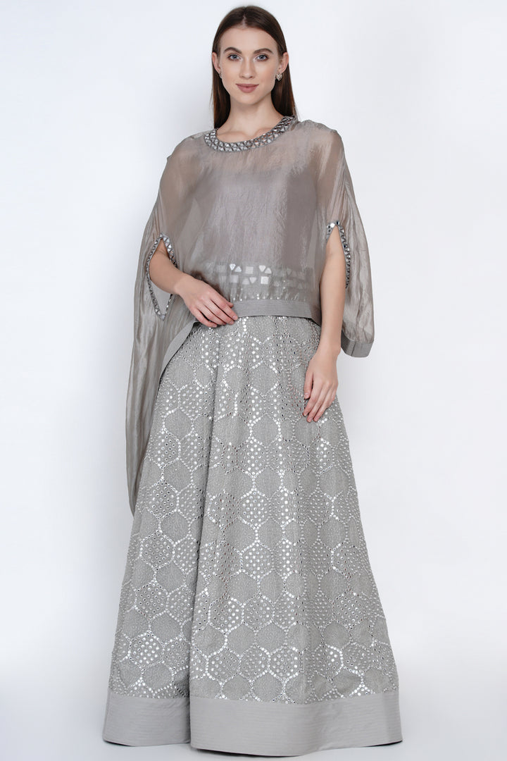 Grey Mirrorwork Lehanga Skirt with Embellished Belt