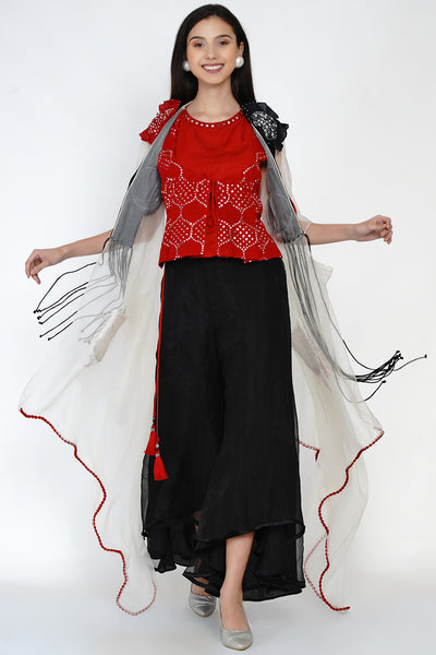 Organza Cape Embellished With Bandhani and Mirrowork