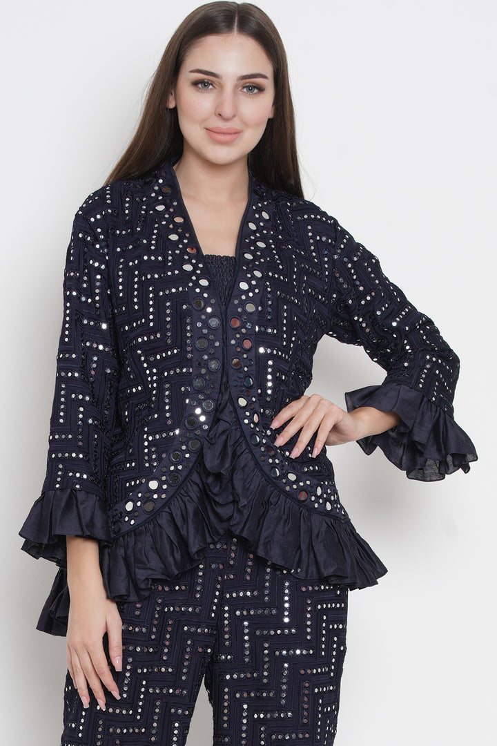 Mirror work jacket with frill sleeves and ghera