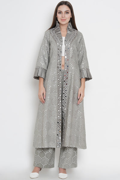 Grey Mirrorwork Long Overlay Jacket with Monarch Collars