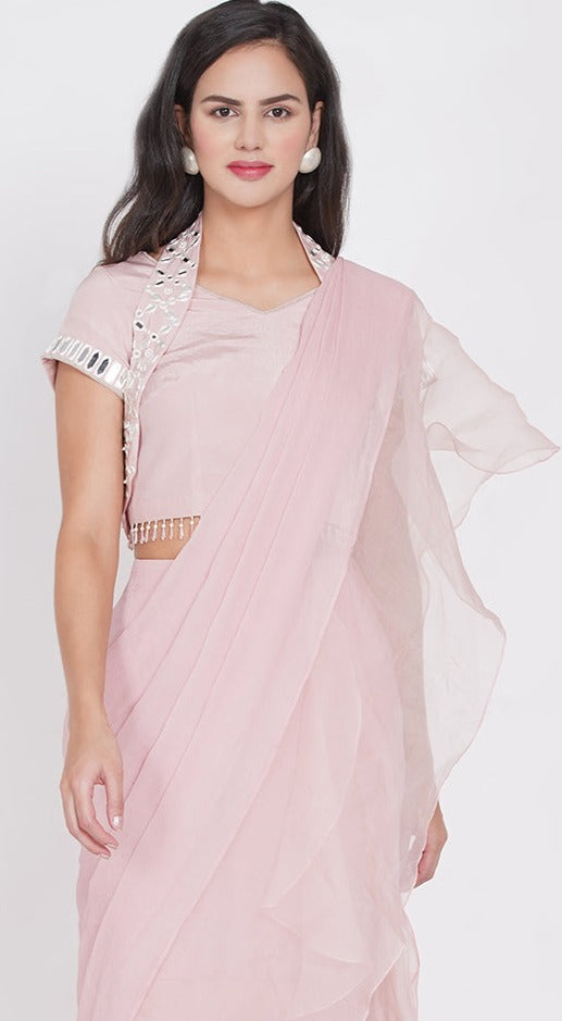 Drape Saree with Halter neck belt blouse with sleeves