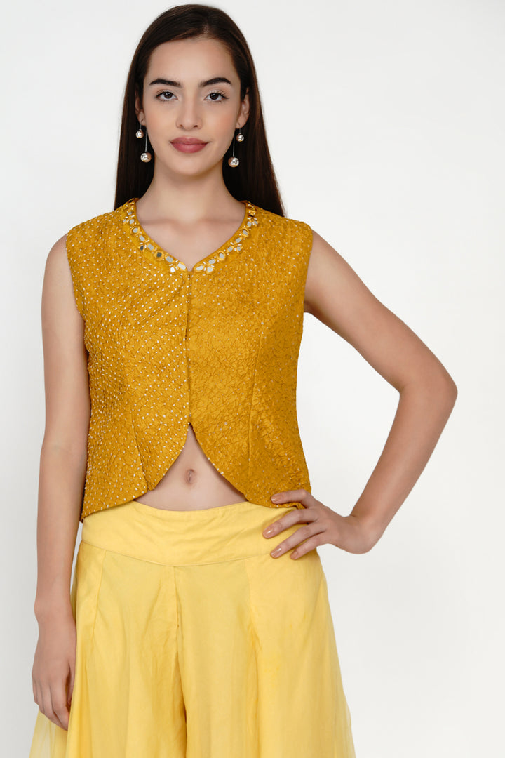 Yellow Crushed Bandhani Mirrowork Jacket Style Top
