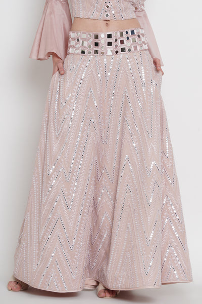 Blush Pink Mirrorwork Lehanga Skirt with Embellished Broad Belt
