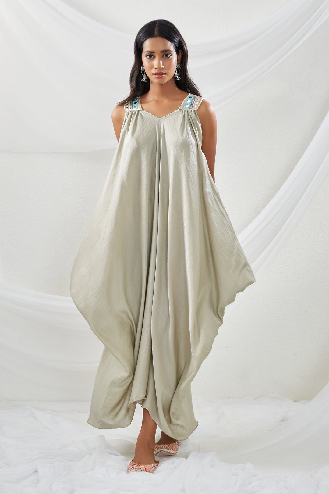 Silk Voile Balloon Dress with Rabari Shoulders