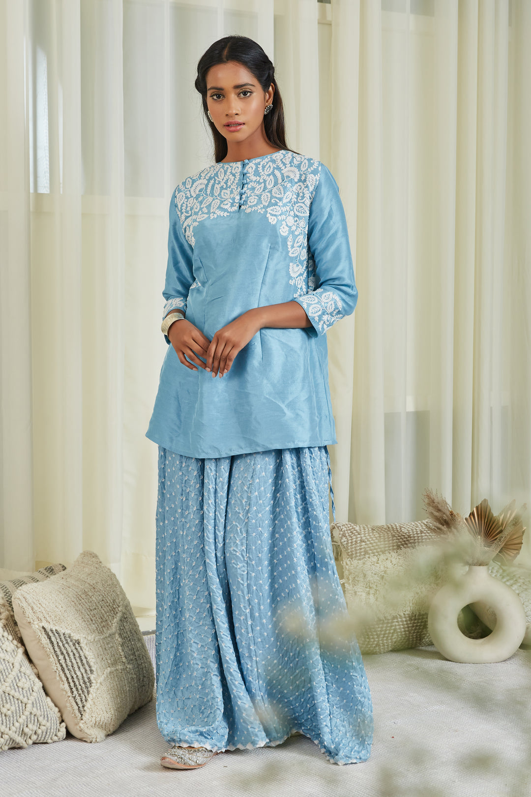 Gajji Silk Bandhani Dori Mirror Embellished Sharara Set