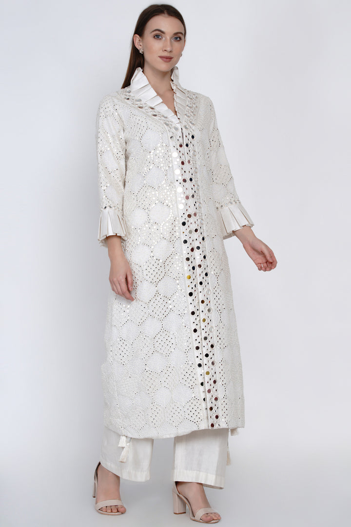 Ivory Mirrorwork Long Overlay Jacket with Monarch Collars