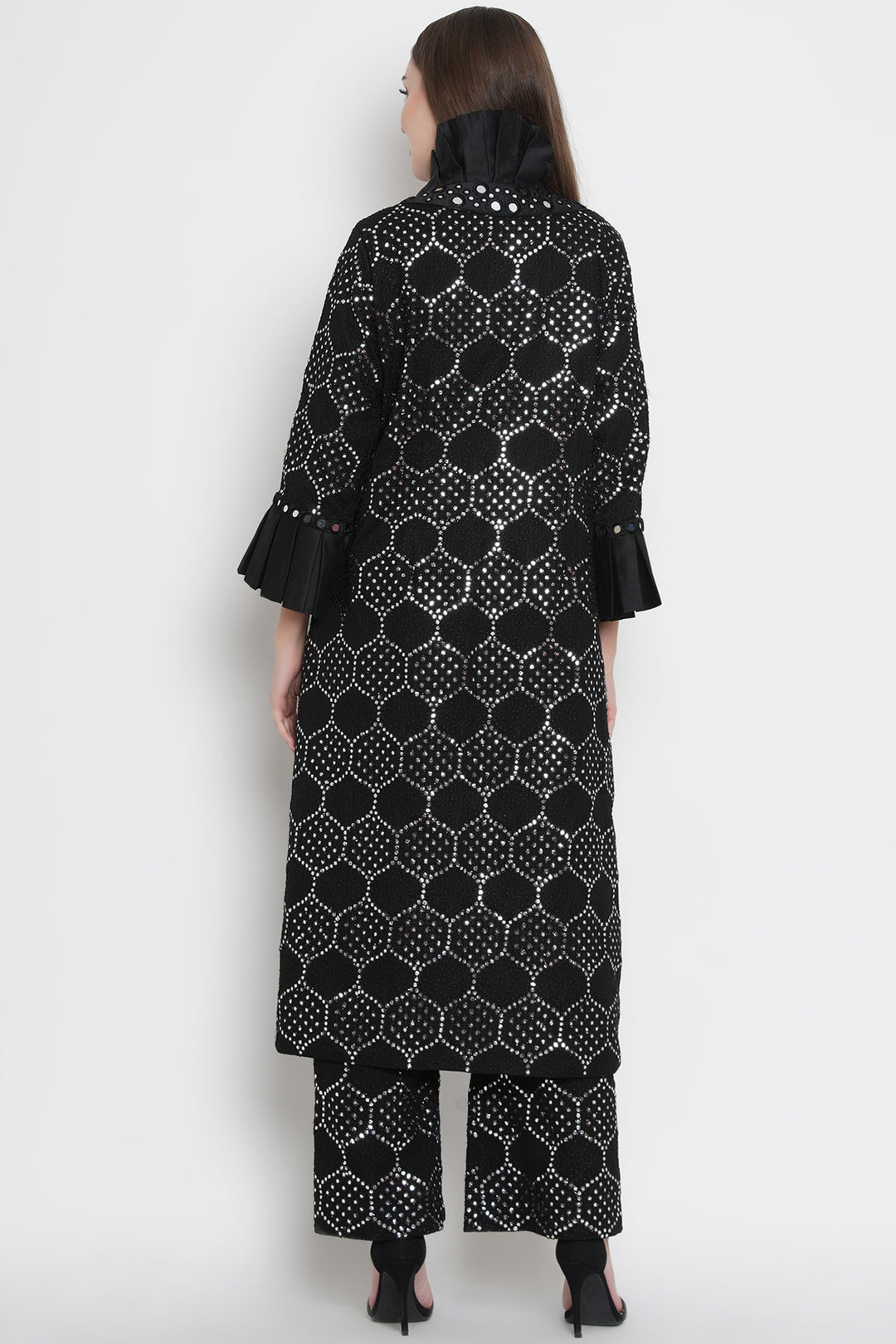 Black Mirrorwork Long Overlay Jacket with Monarch Collars