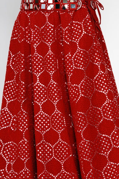 Red Mirrorwork Lehanga Skirt with Embellished Belt