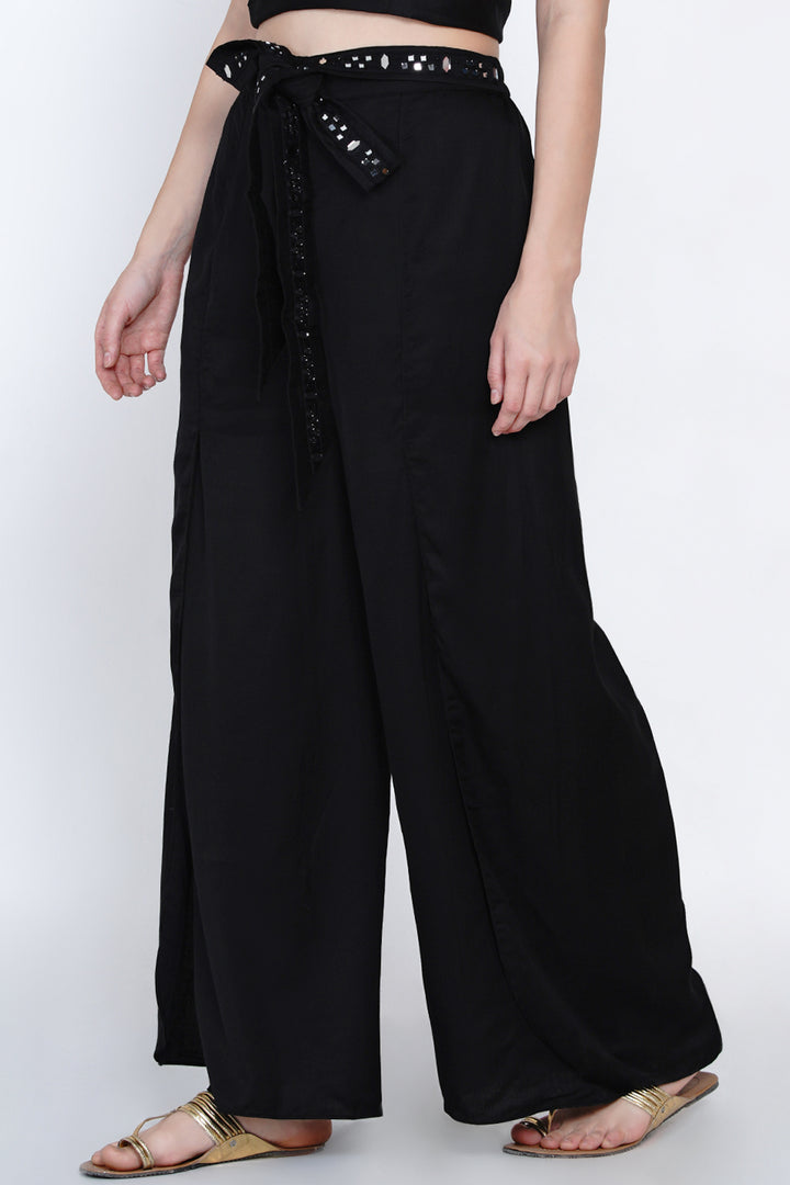 Black Slit Pants With Mirrorwork Belt